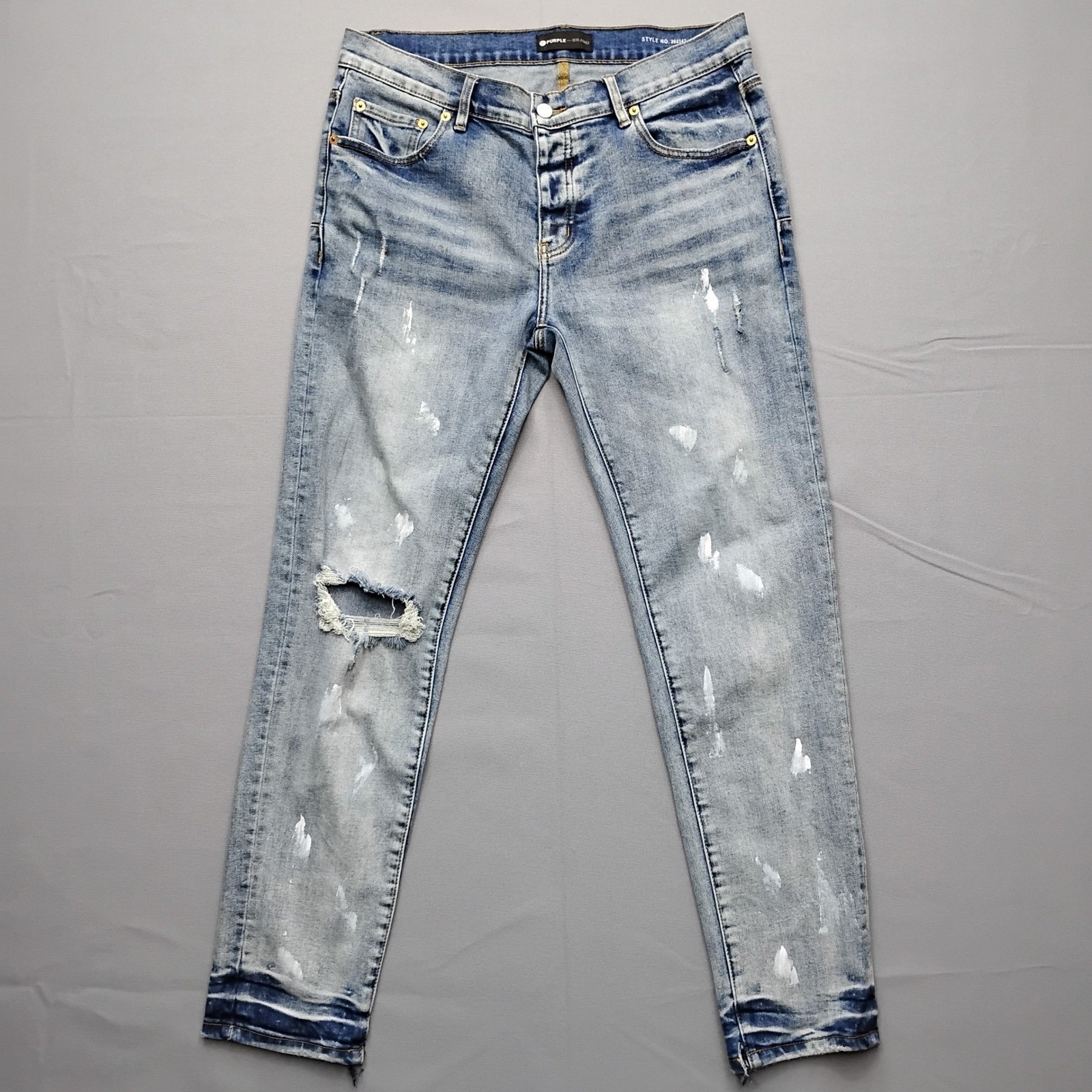 Purple Brand Slim Fit Jeans Mens 34 Light Indigo Paint Splatter Distressed